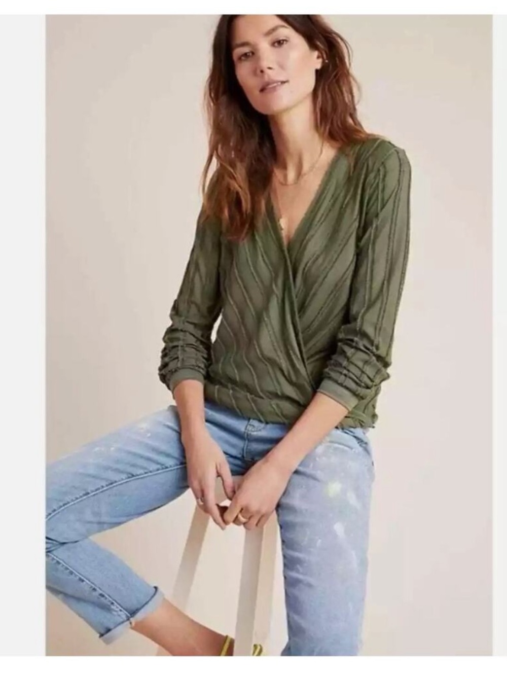 Maeve Olive Green Wrap-Front Lightweight shirt faux wrap fall transitional